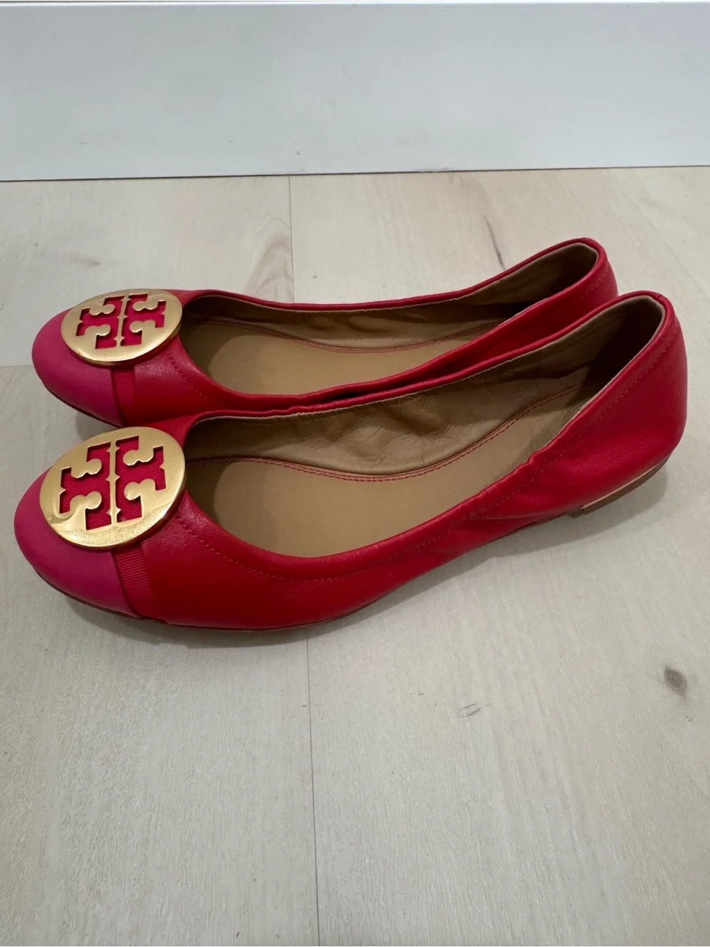 Tory Burch Minnie Cap-Toe Ballet Flat Red Pink Women's 6 Colorblock Preppy